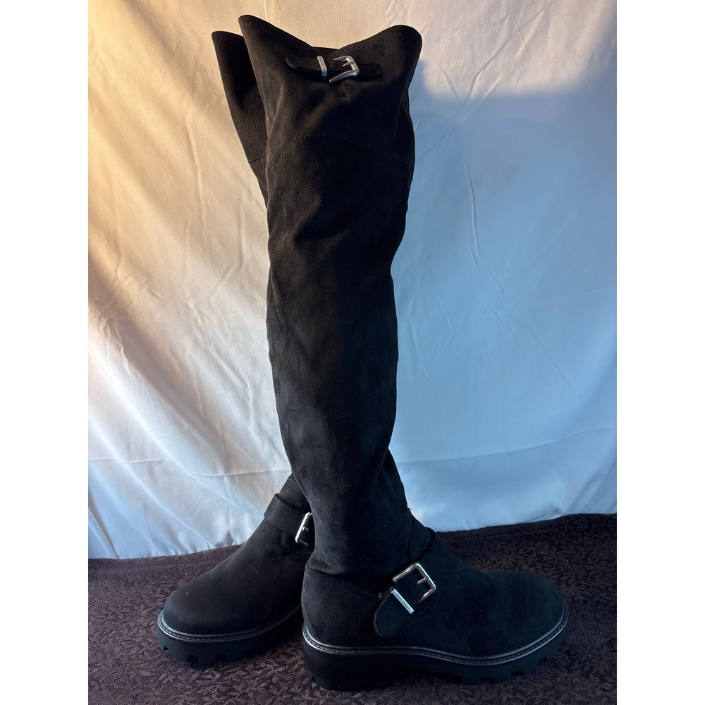 Nine West Womens Black Faux Suede Over The Knee Lug Sole Buckle Boots Size 7M